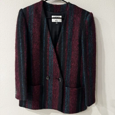 Blazer retro vintage mezcla de lana llamativo rayas verde azulado borgoña Kasper talla 10 Foto 1 de 4