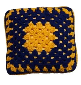 Vintage Handarbeit Granny Square gehäkelt Dekokissen 10"x10" blau & goldgelb - Bild 1 von 2