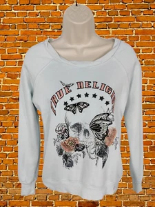 WOMEN TRUE RELIGION SIZE SMALL S PALE BLUE SKULL GRAPHIC CASUAL SWEATER PULLOVER - Picture 1 of 5