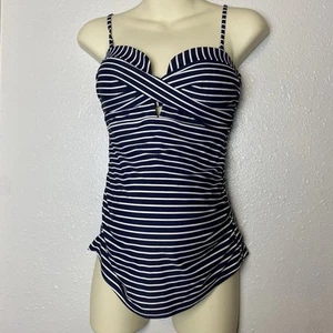 A Pea In Pod Maternity Tankini Lined Swimsuit Top Halter Pregnant Black Stripes - Picture 1 of 19