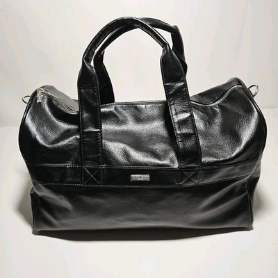 Vintage Giorgio Armani Parfums Black Faux Leather Duffle Bag Gym Weekend Travel - Image 1 of 4