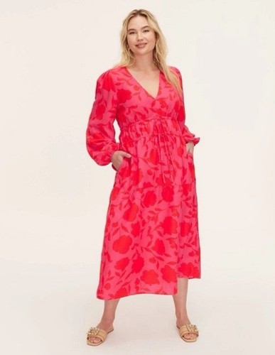 Maxi abito donna Kate Spade nuovo rosa caldo floreale misto lino manica lunga TG XL