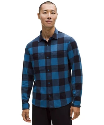 Men's Lululemon Chalk Blue Buffalo Check Plaid Soft Knit Overshirt M New $128 - Image 1 of 4