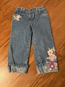 Jeans vintage sbiadito gloria bambina 6 polsini ricamati fiori Y2K crop - Foto 1 di 3