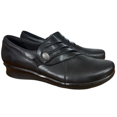 Zapatos cómodos Clarks Hope Roxanne para mujer de cuero negro mocasines de cuña baja talla 9 Foto 1 de 4