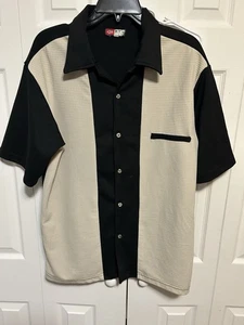 IZ IT U Vintage Short Sleeve Rockabilly Bowling Shirt Black Cream Panels Men’s L - Picture 1 of 9