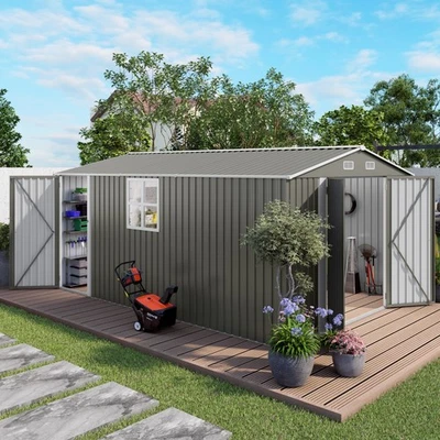 10x8 10x12 10x14 FT Outdoor Storage Shed Large Metal Garden Shed w/ Double Doors - Image 1 of 4