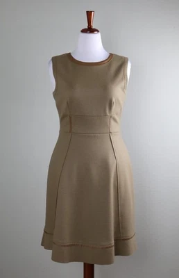 Vestido ELIE TAHARI $368 Lana Cuero Genuino Borde Forrado Sin Mangas Línea A Talla 10 Foto 1 de 4