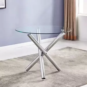 New 35.5" Round Silver Glass Dining Table for 4, Modern Tempered Top - Picture 1 of 12