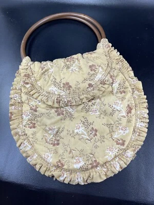 Vintage 80s Placemat Purse Round Handles Yellow Floral Handmade Boho Hippie - Image 1 of 4