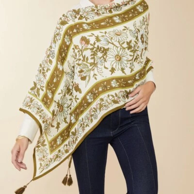 Spartina 449 Топпер Пончо Лен Мистический Мох Цветочная Граница Новый с T - Изображение 1 из 3