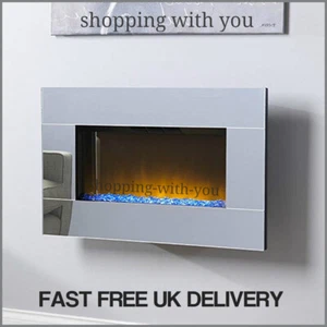 Large Mirrored Chrome LED Wall Mounted Electric Fireplace Diamond Effect Bed NEW - Foto 1 di 12
