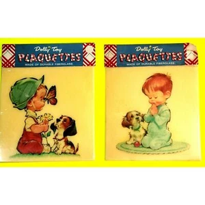 VTG Dolly Toy Plaquettes Wall Plaques Decor Child Play Pray Butterfly Dog USA - Picture 1 of 8
