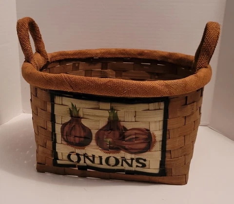 Vintage Woven Basket Burlap Trim Handles 11"x8.5"x8.25" Signed Hand Paint Onions Cover