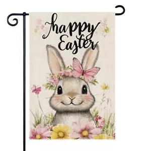 Happy Easter Bunny Rabbit Pink Flowers Butterfly 11X 17.5 Double Sided Yard Flag - Picture 1 of 4