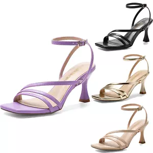 Women Low Kitten Heel Sandals Ankle Strap Square Open Toe Wedding Party Dress - Picture 1 of 30