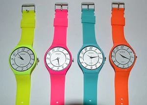 NEW-GENEVA NEON SILICONE YELLOW,PINK,ORANGE & AQUA BLUE ROUND DIAL WATCH - Picture 1 of 4