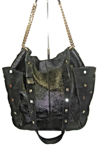 Borsa a tracolla Jimmy Choo Anna nera stropicciata pelle verniciata borchie scamosciata usata in ottime condizioni - Foto 1 di 14