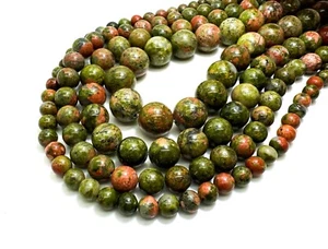 Natural Olive Green Unakite Smooth Round 6mm 8mm 10mm 12mm Gemstone Beads - PG81 - Picture 1 of 6