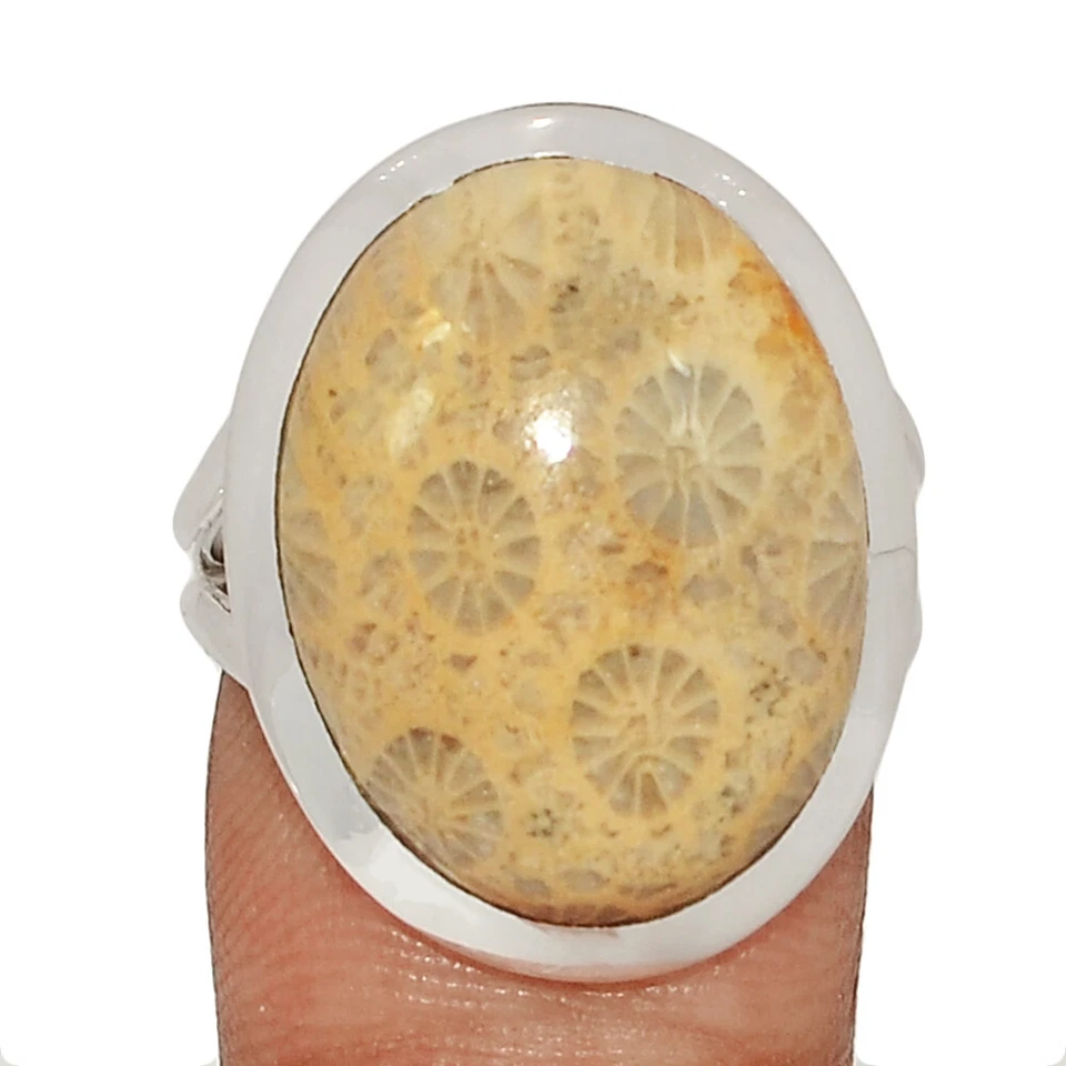 Anillo de plata esterlina 925 coral fósil indonesio natural joyería s.9 CR60771 Foto 1 de 1