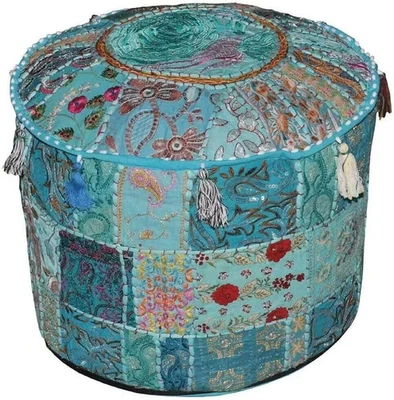 Indian Handmade Turquiose Vintage Pouf Cover Ottoman Patchwork Embroidered Stool - Image 1 of 3