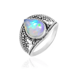 Ethiopian Opal Birthstone Ring Sterling Silver Black Oxidized Oval & Pear Shapes - Picture 1 of 15