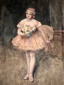 Dessin Ancien Portrait Ballerine Danseuse Aquarelle Original Antique Drawing - Photo 1/7