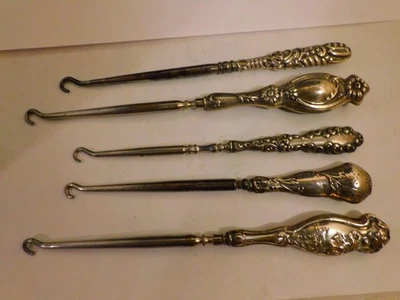 Gorgeous  Antique Lot of 5 Sterling Silver Handle Shoe Button Hooks Victorian - Image 1 of 4