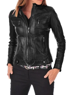 Chaqueta de cuero de piel de cordero negra para mujer elegante hecha a mano genuina motocicleta motociclista Foto 1 de 4