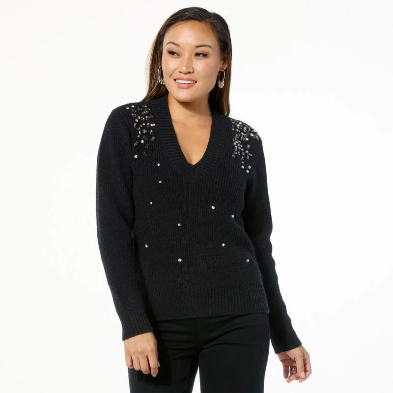 Suéter DG2 por Diane Gilman Adornado con Estrás Cuello en V Negro XL Nuevo Foto 1 de 1