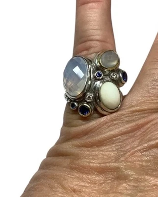 Autêntico anel de mosaico de quartzo David Yurman diamante safira calcedônia tamanho 6,25 - Imagem 1 de 4