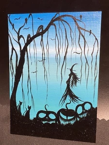 ORIGINAL MINIATURKUNST | ACEO HALLOWEEN HEXE & KÜRBISSE | SAMMELKARTENGRÖSSE - Bild 1 von 2
