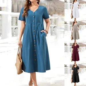 Womens Cotton Dress Short Sleeve Button Up V-Neck Summer Midi Dress With Pockets - Picture 1 of 34