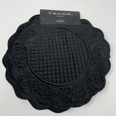 Tahari Home Black Round Velvet Placemats Set of 4 - Image 1 of 4