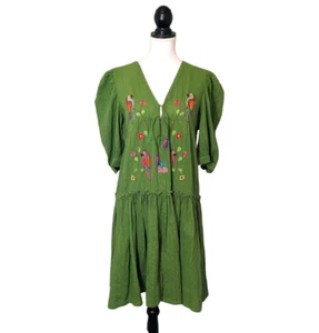 Anouk Grewal Green Parrot Embroidered Puff Sleeve Drop Waist Dress NEW Sz Small - Picture 1 of 8