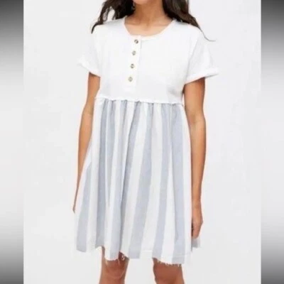 Urban Outfitters White Blue Striped Margo Mixed Media Henley T-Shirt Mini Dress - Image 1 of 4