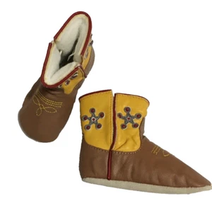 Infant Roper Cowbabies Cowboy Booties Size 0-6 M Leather Brown Yellow Red Lined - Picture 1 of 10