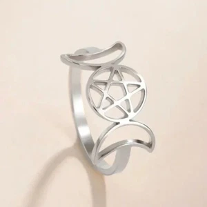 Triple Moon Goddess Pentagram Silver Ring Sz 8 - Picture 1 of 4