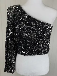 Cloud Ten Womens Black Sequin One Shoulder Top Size Medium - Picture 1 of 11