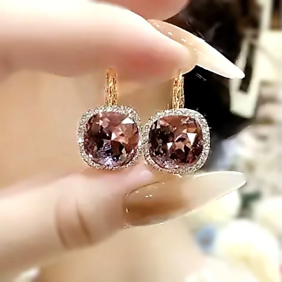 Halo cushion cut plum imitation crystal 18k yellow gold filled hoop earrings - Image 1 of 4