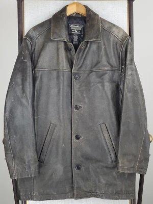 EDDIE BAUER Size Small Mens Leather Insulated Button Front Brown Car Coat Jacket - Image 1 of 4
