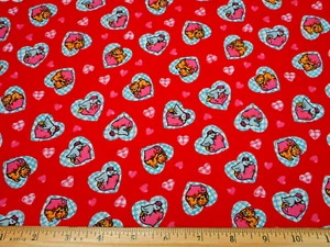Valentine Fabric 3/4 Yard SALE Kitten Penguin Pink Hearts on Red Cotton #PC - Picture 1 of 2