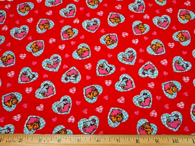 Valentine Fabric 3/4 Yard SALE Kitten Penguin Pink Hearts on Red Cotton #PC - Image 1 of 2