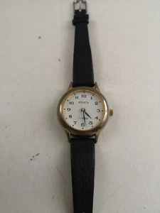 Vintage Exacta Uhr 17 Rubis - schwarzes Armband, weißes Zifferblatt, goldene Lünette - Bild 1 von 6
