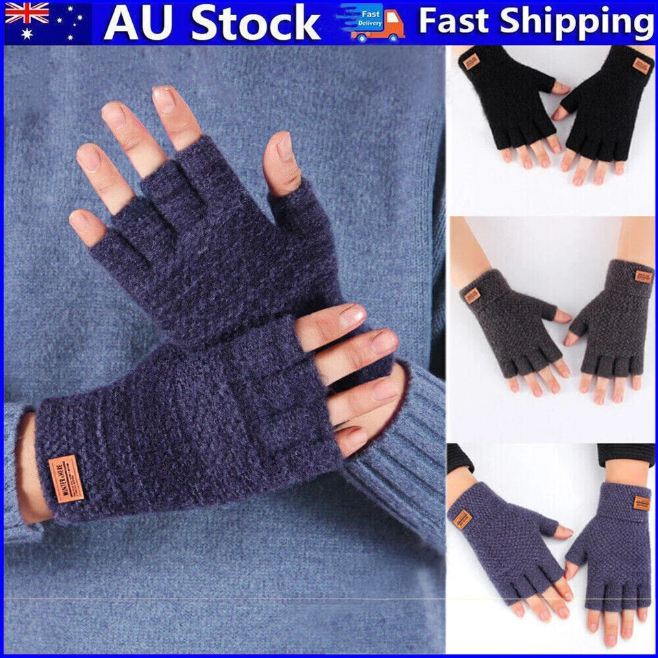 Winter Alpaca Wool Fingerless Gloves Thermal Mens Knitted Half Finger Mittens AU - image 1 of 4