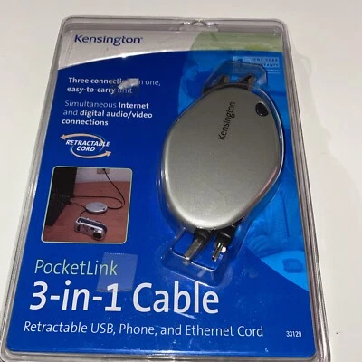 Kensington PocketLink 3-in-1 Ethernet/Phone/USB Cable for Mac or PC (33129) NEW - Image 1 of 2