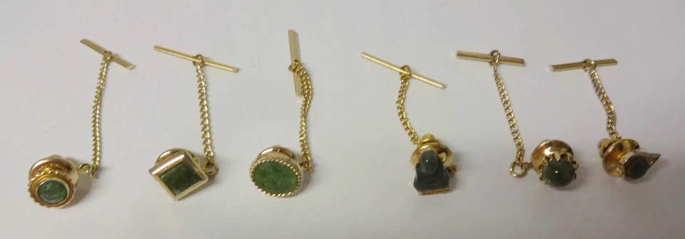 Vintage Chinese Carved Buddha Imperial Jade Man's Tie Pin Tacks Jewelry 6pc - Image 1 of 4