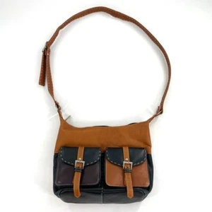 Laviva Leather Shoulder Bag Brown Black Front Pocket Adjustable Strap Whipstitch - Picture 1 of 15