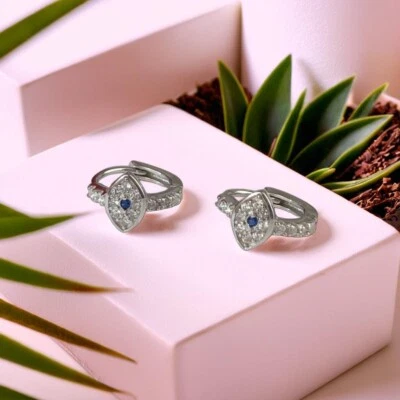 Silver Eye Hoop Earrings Minimalist Earrings, Huggie Hoop Earrings, Cubic Zircon - Image 1 of 4