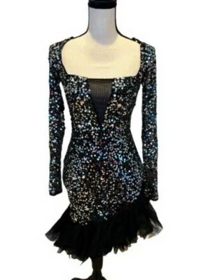 Mini vestido ASOS Luxe preto prata lantejoulas tule babado bainha tamanho 0 $185 - Imagem 1 de 2